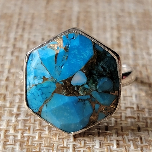 Native Jewelry - Native Copper Turquoise Gemstone Ring Size 7 Sterling Silver Boho Jewelry
